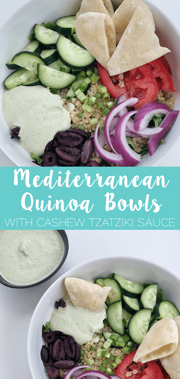 Mediterranean Quinoa Bowls with Cashew Tzatziki Sauce comes together with mixed greens, quinoa, cucumber, tomato, red onion, green onion, and olives.