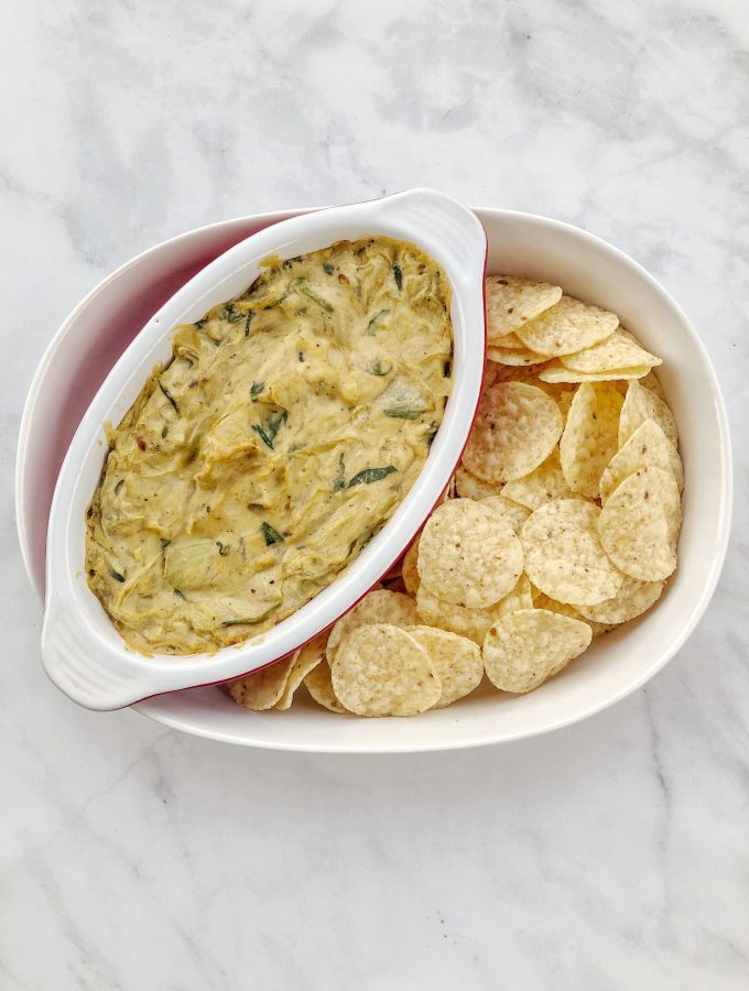 Vegan Spinach Artichoke Dip is dairy-free, egg-free, and gluten-free. Perfect for parties!