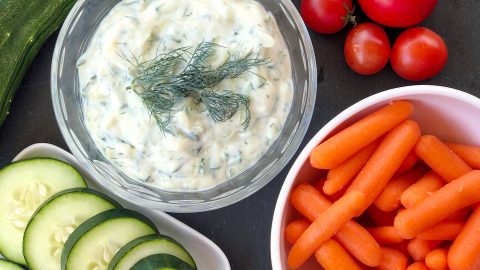 This vegan tzatziki recipe is made with yogurt, fresh dill, grated cucumber, garlic, and lemon juice. No added oil!
