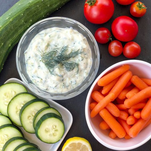 This vegan tzatziki recipe is made with yogurt, fresh dill, grated cucumber, garlic, and lemon juice. No added oil!