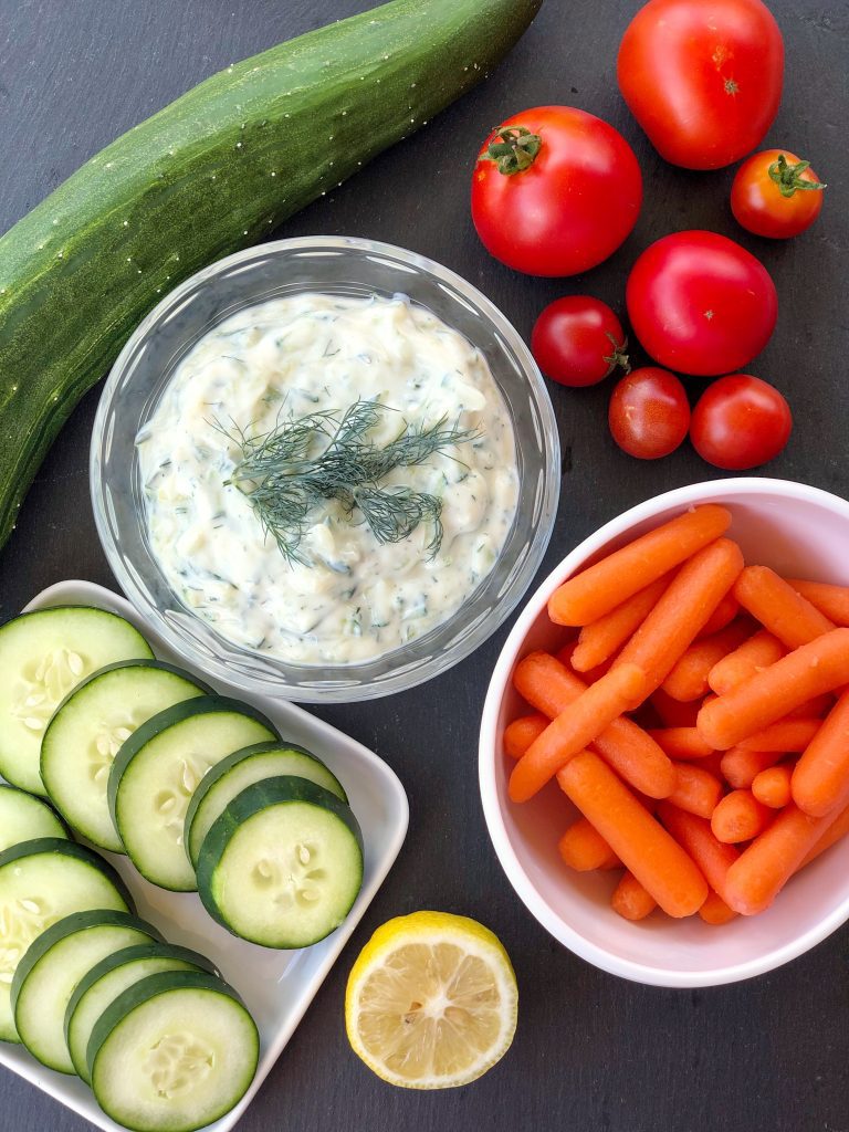 This vegan tzatziki recipe is made with yogurt, fresh dill, grated cucumber, garlic, and lemon juice. No added oil!