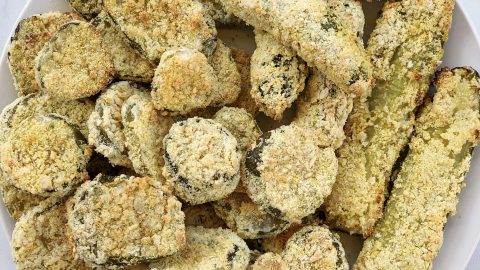 Vegan Air Fryer Fried Pickles are amazingly quick and easy. They are perfectly crisp using less than 10 completely dairy-free and egg-free ingredients