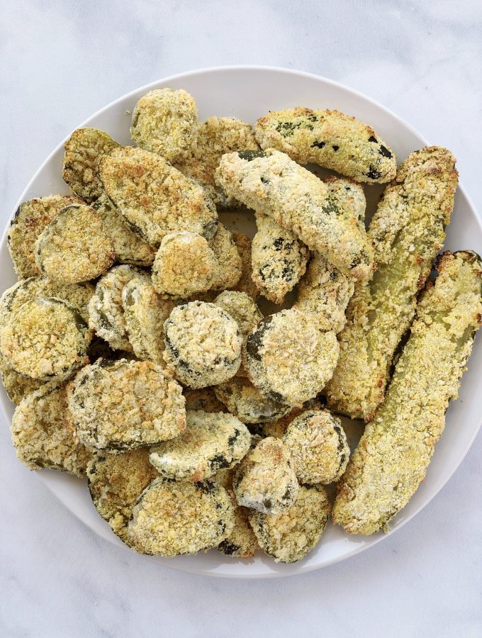 Vegan Air Fryer Fried Pickles are amazingly quick and easy. They are perfectly crisp using less than 10 completely dairy-free and egg-free ingredients