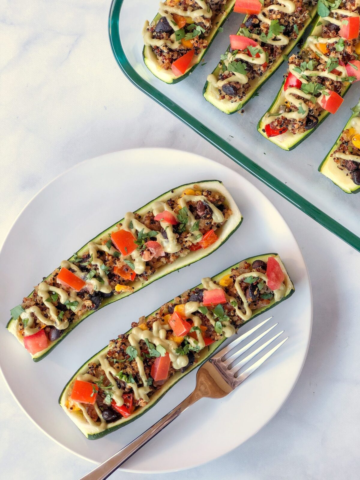 Vegan Taco Zucchini Boats with Avocado Crema Drizzle