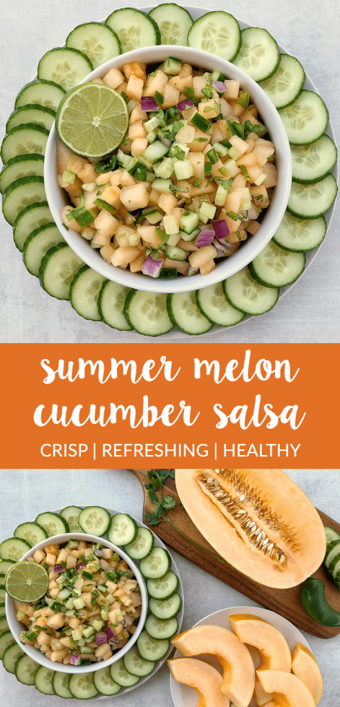 Melon Cucumber Salsa is crisp, refreshing, and flavorful! It comes together with fresh melon, cucumber, red onion, jalapeño, lime juice, and cilantro