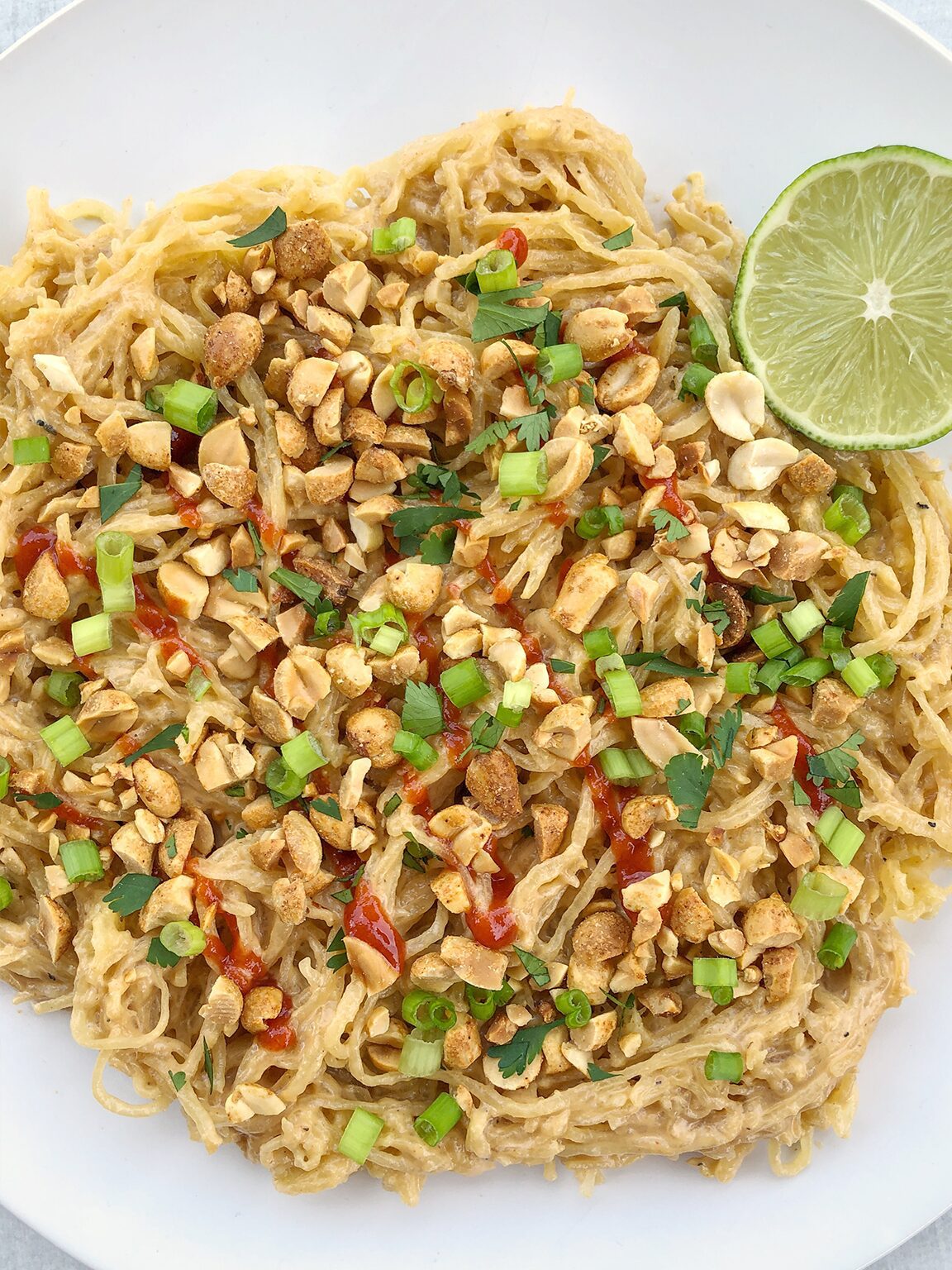 Spaghetti Squash with Peanut Sauce is vegan and gluten-free. Top with chopped peanuts, cilantro, and green onion for a pad thai inspired dish!