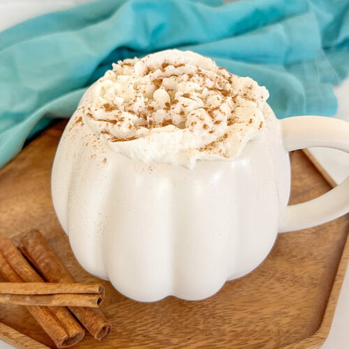 homemade vegan pumpkin spice latte with dairy free whipped cream in pumpkin shaped mug dusted with ground cinnamon.