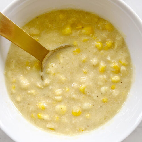 vegan creamed corn in white bowl