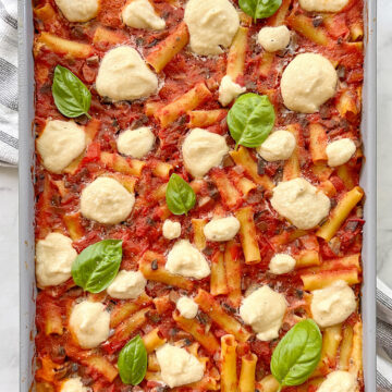 vegan homemade baked ziti in baking pan