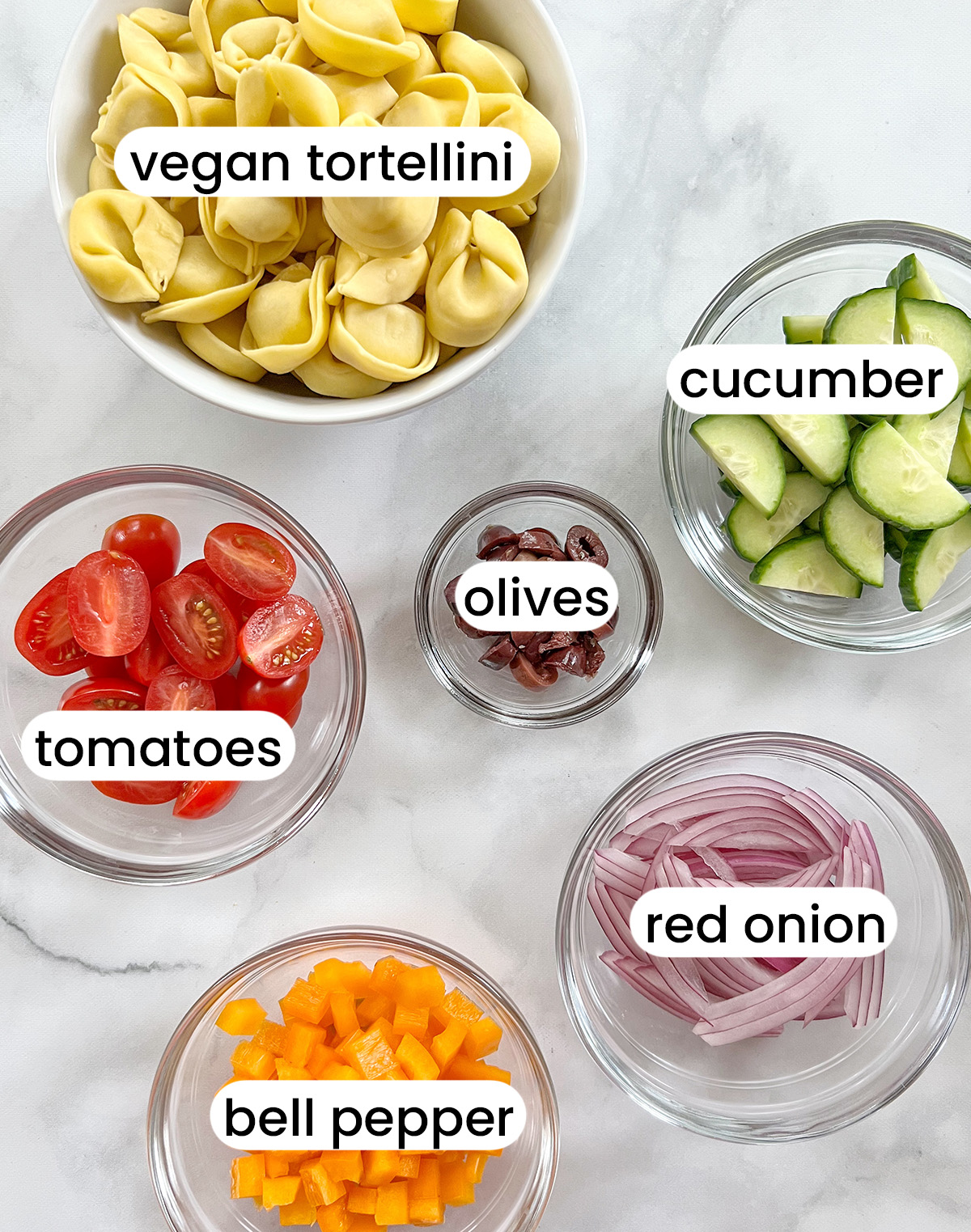 vegan tortellini pasta salad ingredients.