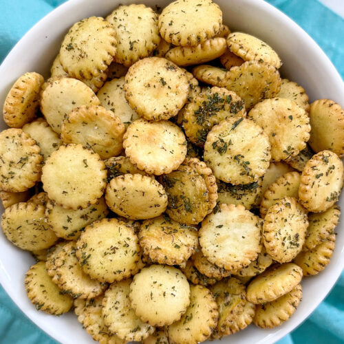 baked ranch oyster crackers in bowl.