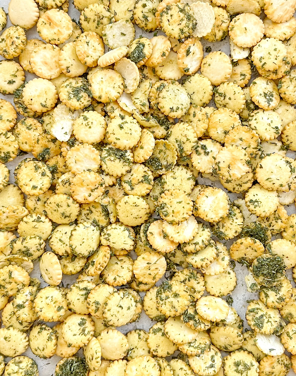 ranch oyster crackers on baking sheet.