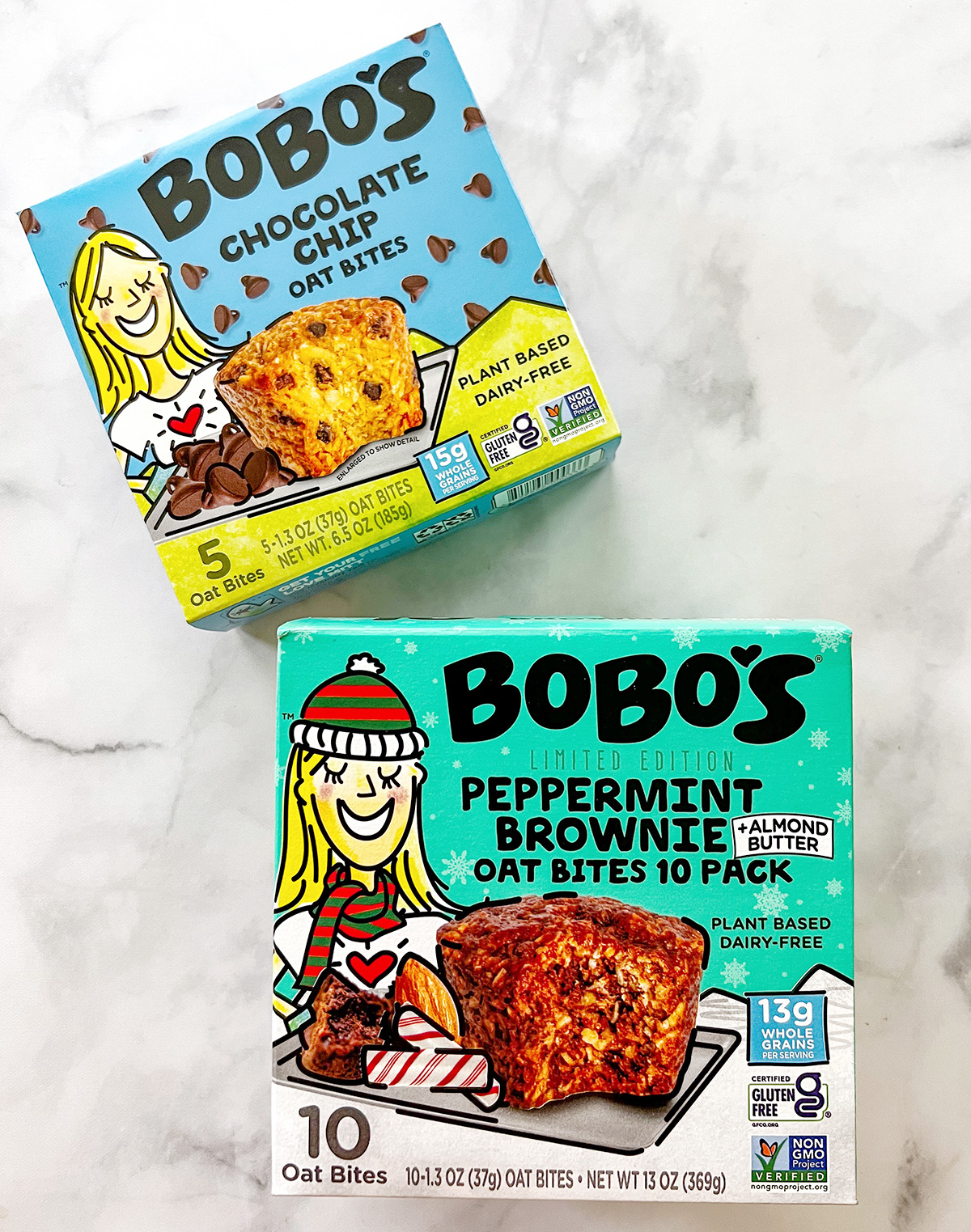 Bobo’s chocolate chip oat bites and peppermint brownie oat bites