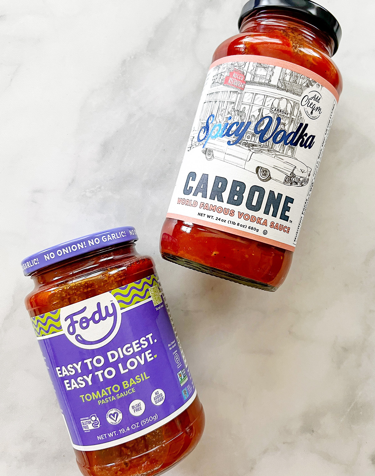 Carbone Spicy Vodka Sauce and Fody Tomato Basil pasta sauce
