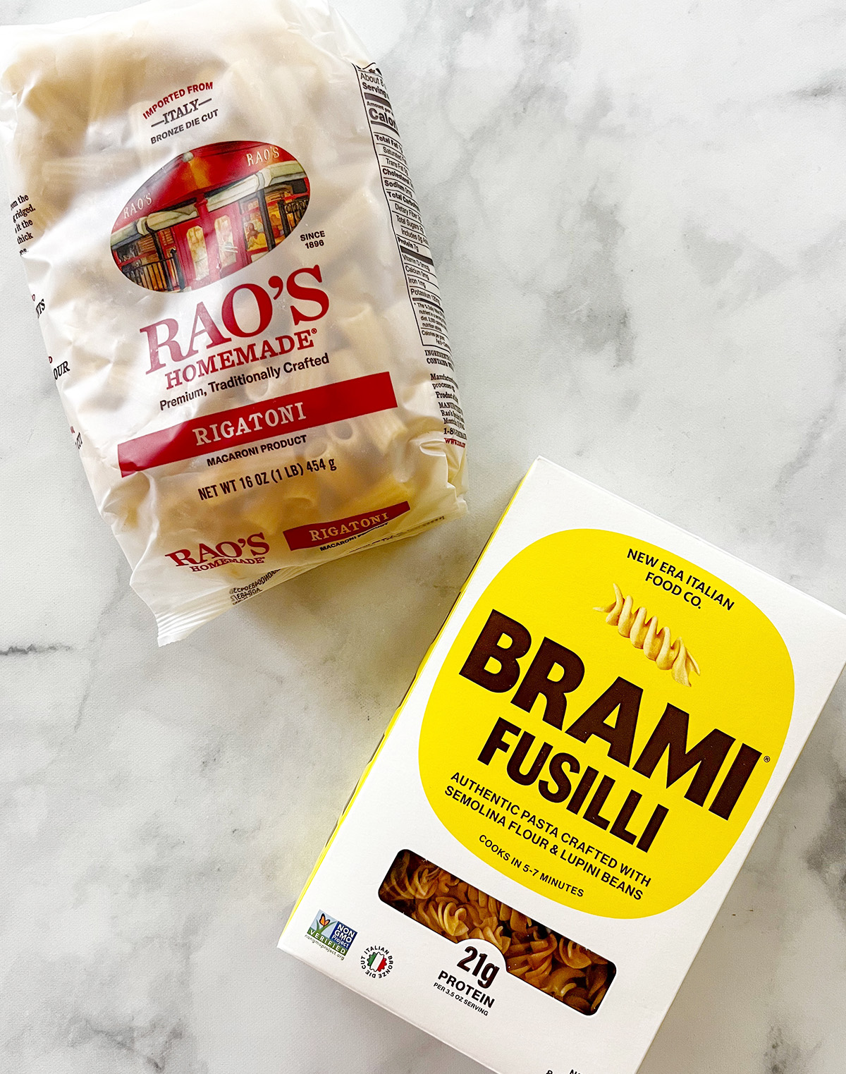 Raos rigatoni pasta and Brami fusilli pasta