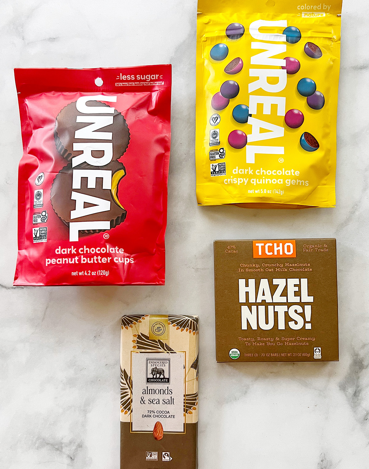 Unreal chocolate candy and TCHO hazelnut chocolate bars