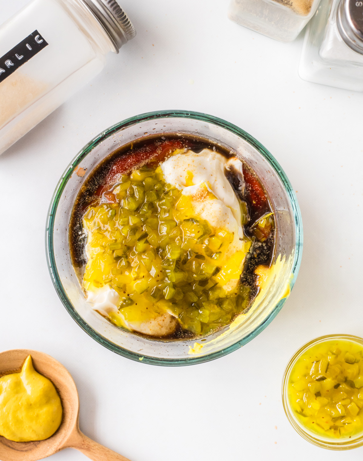 egg free burger sauce ingredients mixed in a bowl