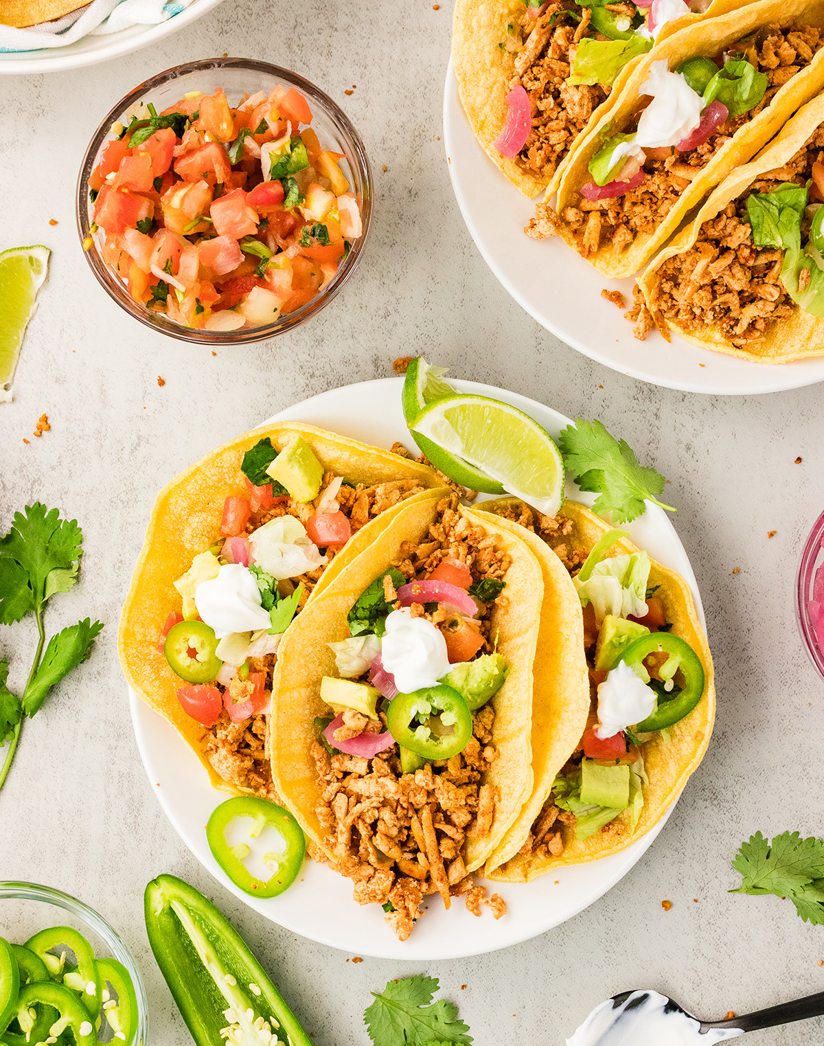 tofu tacos topped with pico de gallo and dairy-free sour cream
