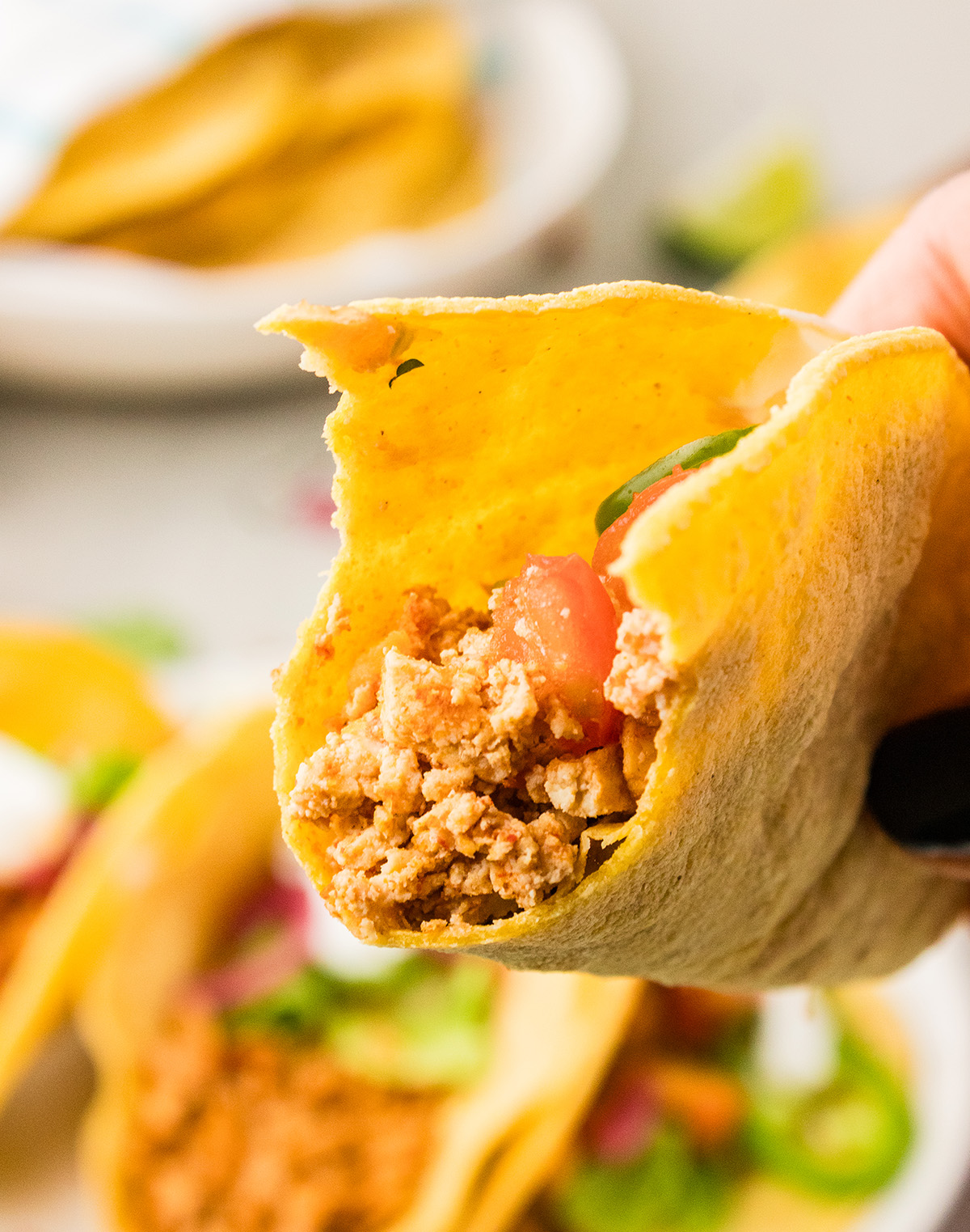 vegan tacos with tofu shown in a handheld bite