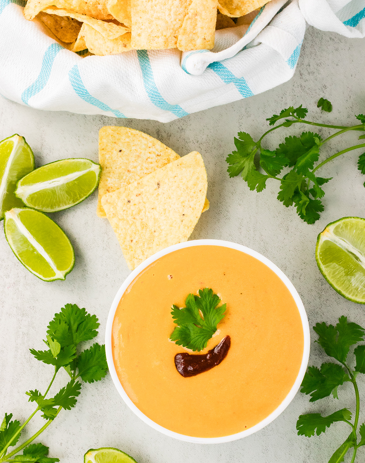 cannellini bean queso with cilantro, lime, and chips