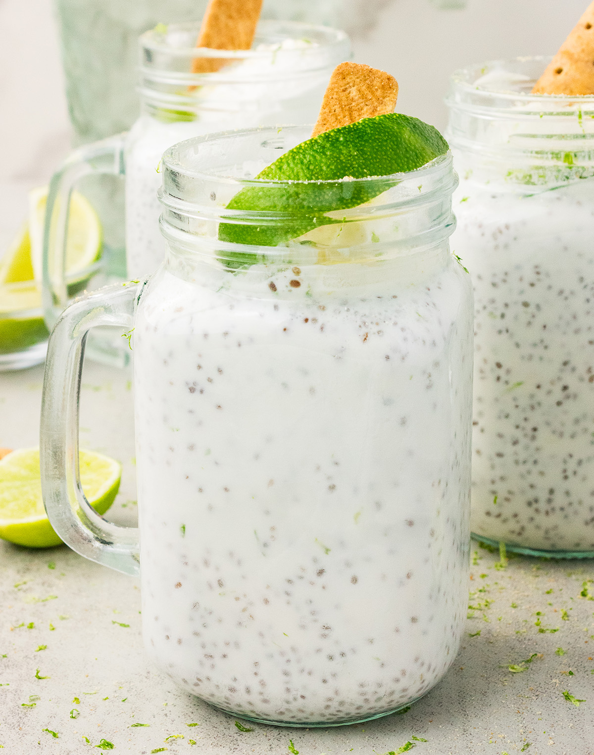 lime coconut chia pudding in glass jars