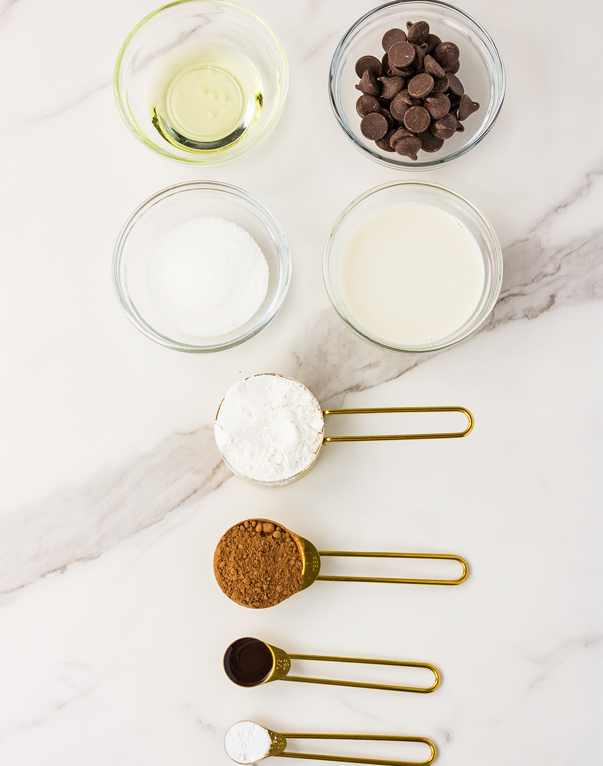 vegan chocolate mug cake ingredients including dairy free milk, cocoa powder, non dairy chocolate chips, oil, and vanilla