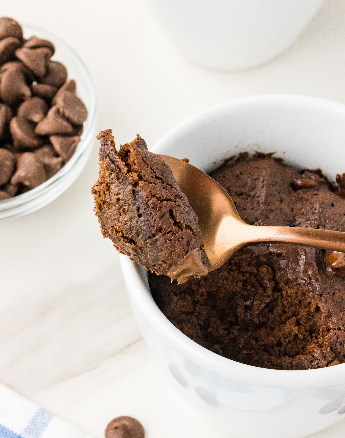 vegan chocolate mug cake on spoon showing texture