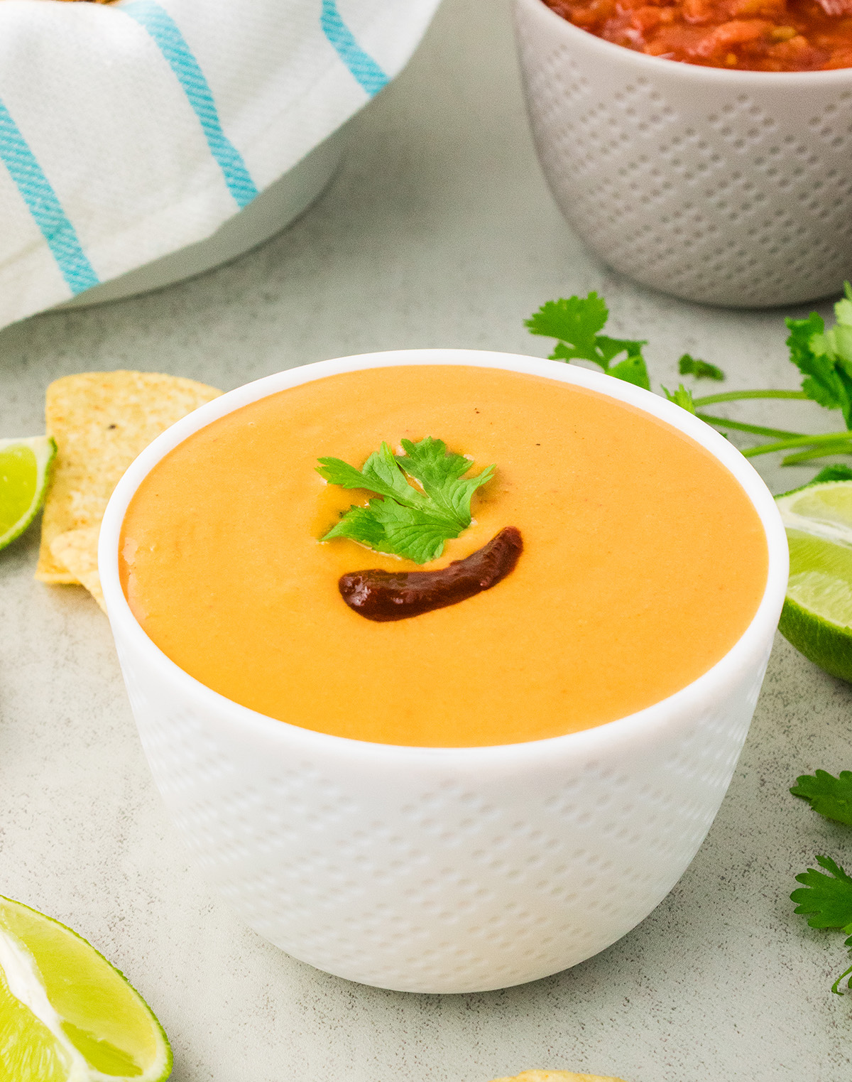 white bean cheese dip in white serving bowl with salsa and tortilla chips
