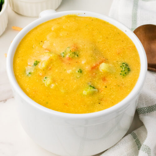 creamy vegan broccoli cheese soup in bowl